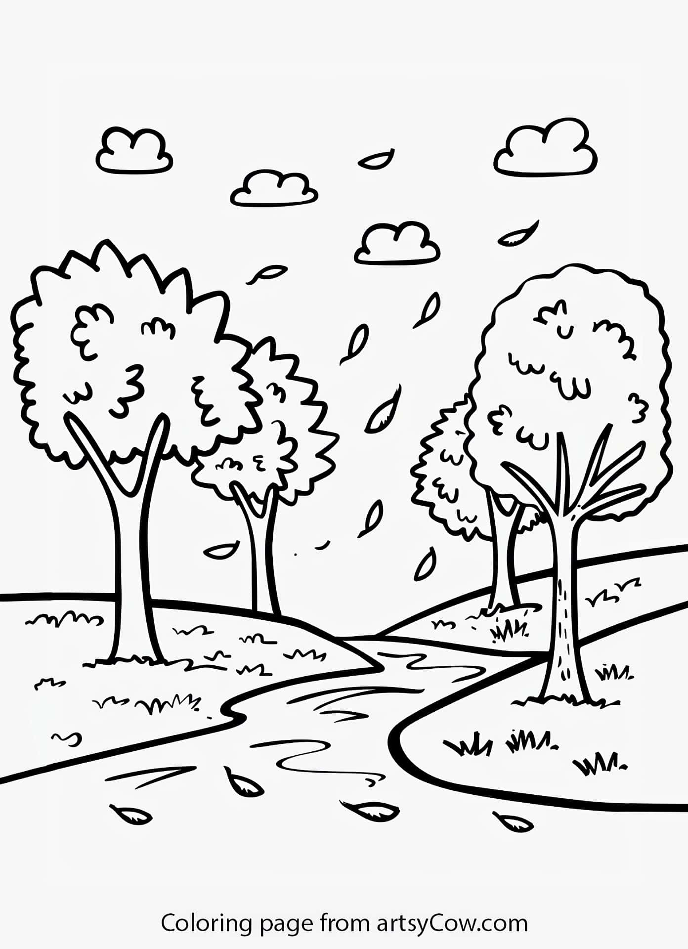 a simple yet picturesque sketch of a forest path with trees and falling leaves